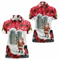 Iraq Christmas Women Polo Shirt with Santa Ishtar Gate Red Plaid and Snowflake Reindeer Pattern - Wonder Print Shop