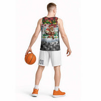 Iraq Christmas Basketball Jersey with Santa Carrying Gift Bag Flag Garland and Snowflake Plaid Pattern - Wonder Print Shop