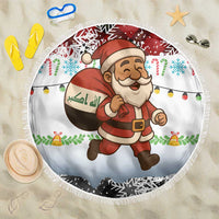 Iraq Christmas Beach Blanket with Santa Carrying Gift Bag Flag Garland and Snowflake Plaid Pattern - Wonder Print Shop
