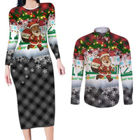 Iraq Christmas Couples Matching Long Sleeve Bodycon Dress and Long Sleeve Button Shirt with Santa Carrying Gift Bag Flag Garland and Snowflake Plaid Pattern - Wonder Print Shop