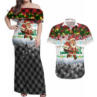 Iraq Christmas Couples Matching Off Shoulder Maxi Dress and Hawaiian Shirt with Santa Carrying Gift Bag Flag Garland and Snowflake Plaid Pattern - Wonder Print Shop