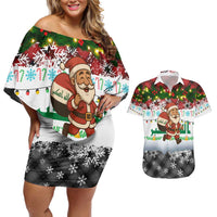 Iraq Christmas Couples Matching Off Shoulder Short Dress and Hawaiian Shirt with Santa Carrying Gift Bag Flag Garland and Snowflake Plaid Pattern - Wonder Print Shop