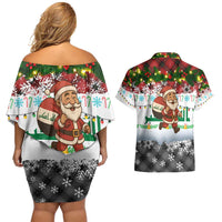 Iraq Christmas Couples Matching Off Shoulder Short Dress and Hawaiian Shirt with Santa Carrying Gift Bag Flag Garland and Snowflake Plaid Pattern - Wonder Print Shop