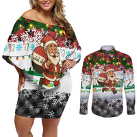 Iraq Christmas Couples Matching Off Shoulder Short Dress and Long Sleeve Button Shirt with Santa Carrying Gift Bag Flag Garland and Snowflake Plaid Pattern - Wonder Print Shop