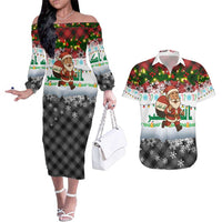 Iraq Christmas Couples Matching Off The Shoulder Long Sleeve Dress and Hawaiian Shirt with Santa Carrying Gift Bag Flag Garland and Snowflake Plaid Pattern - Wonder Print Shop