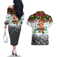 Iraq Christmas Couples Matching Off The Shoulder Long Sleeve Dress and Hawaiian Shirt with Santa Carrying Gift Bag Flag Garland and Snowflake Plaid Pattern - Wonder Print Shop