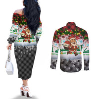 Iraq Christmas Couples Matching Off The Shoulder Long Sleeve Dress and Long Sleeve Button Shirt with Santa Carrying Gift Bag Flag Garland and Snowflake Plaid Pattern - Wonder Print Shop