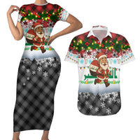 Iraq Christmas Couples Matching Short Sleeve Bodycon Dress and Hawaiian Shirt with Santa Carrying Gift Bag Flag Garland and Snowflake Plaid Pattern - Wonder Print Shop