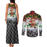Iraq Christmas Couples Matching Tank Maxi Dress and Long Sleeve Button Shirt with Santa Carrying Gift Bag Flag Garland and Snowflake Plaid Pattern - Wonder Print Shop