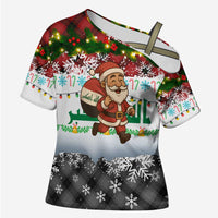 Iraq Christmas Cross Shoulder Shirt with Santa Carrying Gift Bag Flag Garland and Snowflake Plaid Pattern - Wonder Print Shop