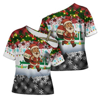 Iraq Christmas Cross Shoulder Shirt with Santa Carrying Gift Bag Flag Garland and Snowflake Plaid Pattern - Wonder Print Shop