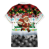 Iraq Christmas Family Matching Off The Shoulder Long Sleeve Dress and Hawaiian Shirt with Santa Carrying Gift Bag Flag Garland and Snowflake Plaid Pattern - Wonder Print Shop