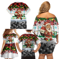 Iraq Christmas Family Matching Off Shoulder Short Dress and Hawaiian Shirt with Santa Carrying Gift Bag Flag Garland and Snowflake Plaid Pattern - Wonder Print Shop