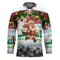 Iraq Christmas Hockey Jersey with Santa Carrying Gift Bag Flag Garland and Snowflake Plaid Pattern - Wonder Print Shop