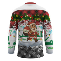 Iraq Christmas Hockey Jersey with Santa Carrying Gift Bag Flag Garland and Snowflake Plaid Pattern - Wonder Print Shop