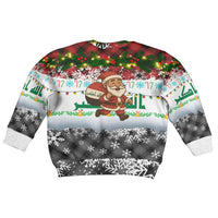 Iraq Christmas Kid Ugly Christmas Sweater with Santa Carrying Gift Bag Flag Garland and Snowflake Plaid Pattern - Wonder Print Shop
