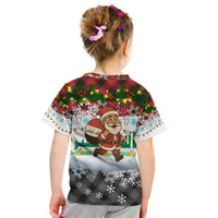 Iraq Christmas Kid T Shirt with Santa Carrying Gift Bag Flag Garland and Snowflake Plaid Pattern - Wonder Print Shop
