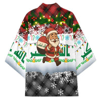 Iraq Christmas Kimono with Santa Carrying Gift Bag Flag Garland and Snowflake Plaid Pattern - Wonder Print Shop