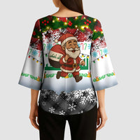 Iraq Christmas Kimono Sleeve Blouse with Santa Carrying Gift Bag Flag Garland and Snowflake Plaid Pattern - Wonder Print Shop
