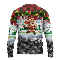 Iraq Christmas Ugly Christmas Sweater with Santa Carrying Gift Bag Flag Garland and Snowflake Plaid Pattern - Wonder Print Shop