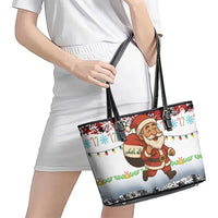 Iraq Christmas Leather Tote Bag with Santa Carrying Gift Bag Flag Garland and Snowflake Plaid Pattern - Wonder Print Shop