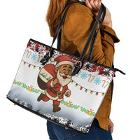 Iraq Christmas Leather Tote Bag with Santa Carrying Gift Bag Flag Garland and Snowflake Plaid Pattern - Wonder Print Shop