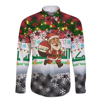Iraq Christmas Long Sleeve Button Shirt with Santa Carrying Gift Bag Flag Garland and Snowflake Plaid Pattern - Wonder Print Shop