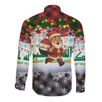 Iraq Christmas Long Sleeve Button Shirt with Santa Carrying Gift Bag Flag Garland and Snowflake Plaid Pattern - Wonder Print Shop