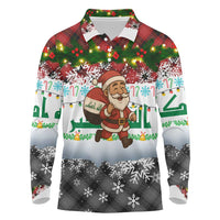 Iraq Christmas Long Sleeve Polo Shirt with Santa Carrying Gift Bag Flag Garland and Snowflake Plaid Pattern - Wonder Print Shop