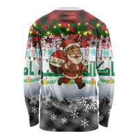 Iraq Christmas Long Sleeve Shirt with Santa Carrying Gift Bag Flag Garland and Snowflake Plaid Pattern - Wonder Print Shop