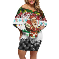 Iraq Christmas Off Shoulder Short Dress with Santa Carrying Gift Bag Flag Garland and Snowflake Plaid Pattern - Wonder Print Shop