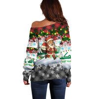 Iraq Christmas Off Shoulder Sweater with Santa Carrying Gift Bag Flag Garland and Snowflake Plaid Pattern - Wonder Print Shop