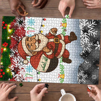 Iraq Christmas Puzzle with Santa Carrying Gift Bag Flag Garland and Snowflake Plaid Pattern - Wonder Print Shop
