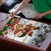 Iraq Christmas Puzzle with Santa Carrying Gift Bag Flag Garland and Snowflake Plaid Pattern - Wonder Print Shop