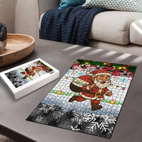 Iraq Christmas Puzzle with Santa Carrying Gift Bag Flag Garland and Snowflake Plaid Pattern - Wonder Print Shop