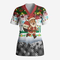 Iraq Christmas Scrub Top with Santa Carrying Gift Bag Flag Garland and Snowflake Plaid Pattern - Wonder Print Shop