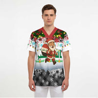Iraq Christmas Scrub Top with Santa Carrying Gift Bag Flag Garland and Snowflake Plaid Pattern - Wonder Print Shop