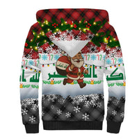 Iraq Christmas Sherpa Hoodie with Santa Carrying Gift Bag Flag Garland and Snowflake Plaid Pattern - Wonder Print Shop