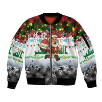 Iraq Christmas Sleeve Zip Bomber Jacket with Santa Carrying Gift Bag Flag Garland and Snowflake Plaid Pattern - Wonder Print Shop
