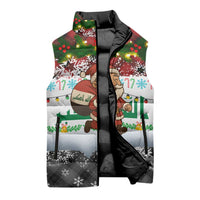 Iraq Christmas Sleeveless Puffer Jacket with Santa Carrying Gift Bag Flag Garland and Snowflake Plaid Pattern - Wonder Print Shop
