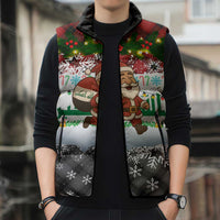Iraq Christmas Sleeveless Puffer Jacket with Santa Carrying Gift Bag Flag Garland and Snowflake Plaid Pattern - Wonder Print Shop