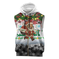 Iraq Christmas Sleeveless Zip Hoodie with Santa Carrying Gift Bag Flag Garland and Snowflake Plaid Pattern - Wonder Print Shop