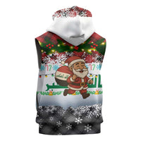 Iraq Christmas Sleeveless Zip Hoodie with Santa Carrying Gift Bag Flag Garland and Snowflake Plaid Pattern - Wonder Print Shop