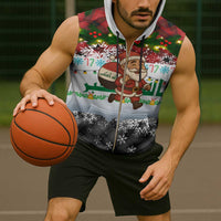 Iraq Christmas Sleeveless Zip Hoodie with Santa Carrying Gift Bag Flag Garland and Snowflake Plaid Pattern - Wonder Print Shop