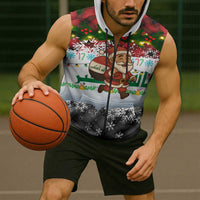 Iraq Christmas Sleeveless Zip Hoodie with Santa Carrying Gift Bag Flag Garland and Snowflake Plaid Pattern - Wonder Print Shop