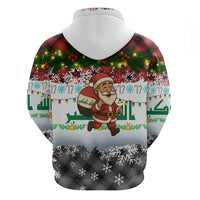 Iraq Christmas Zip Hoodie with Santa Carrying Gift Bag Flag Garland and Snowflake Plaid Pattern - Wonder Print Shop