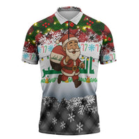 Iraq Christmas Zipper Polo Shirt with Santa Carrying Gift Bag Flag Garland and Snowflake Plaid Pattern - Wonder Print Shop