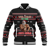 Bodybuilder Santa Christmas Baseball Jacket with Welcome to the North Swole Quote and Dumbbell - Wonder Print Shop