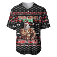 Bodybuilder Santa Christmas Baseball Jersey with Welcome to the North Swole Quote and Dumbbell - Wonder Print Shop