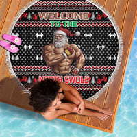 Bodybuilder Santa Christmas Beach Blanket with Welcome to the North Swole Quote and Dumbbell - Wonder Print Shop